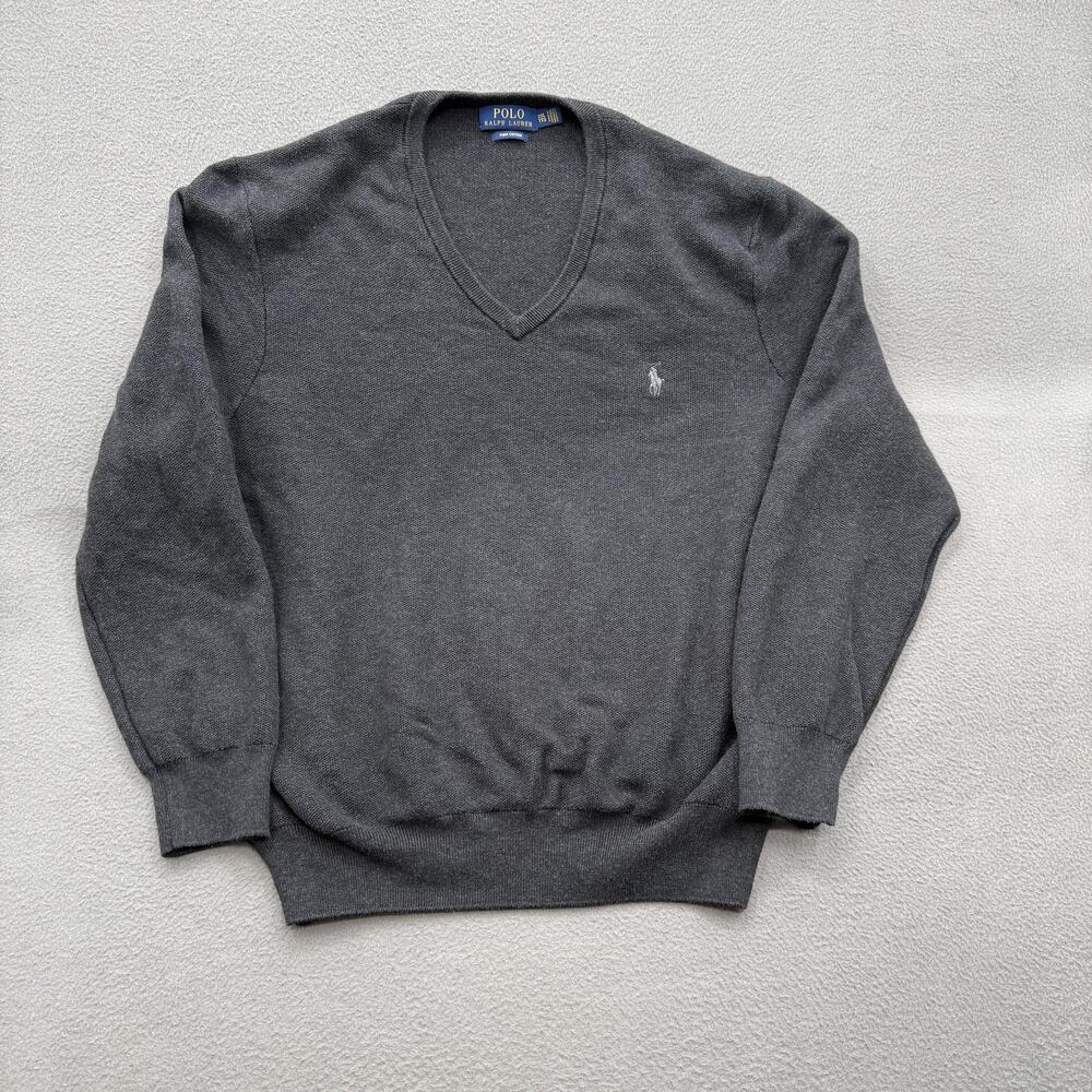 Polo Ralph Lauren Sweater Mens 2XL Gray V Neck Pima Cotton Pullover Pony Logo
